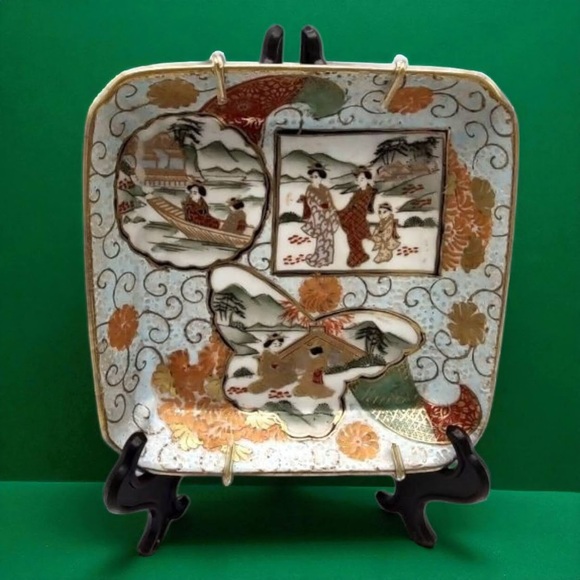 Hand Painted Macau Cloisonne Porcelain Satsuma Blank 3 Scenes Japanese Village - Picture 7 of 12